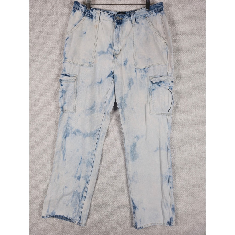 Simple Society Womens Acid Wash Cargo Pants Blue White High‎ Rise Size 15/32